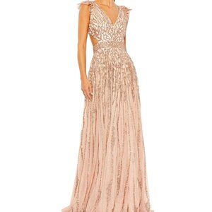NWT 5682 sz 10 Mac Duggal Rose Gold Criss Cross Ruffle Sleeve Gown Apricot
